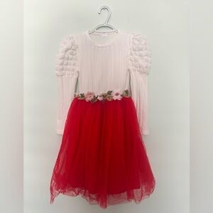 White and Red Dress with Floral Accents